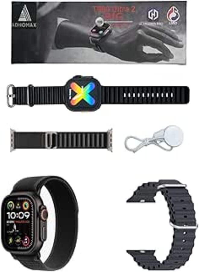ADHOMAX New 2025 T900 Ultra2 smart watch Elegant Design 2.2" NFC, infinite HD display, Fitness Tracker, Bluetooth, Wireless Charging, for IOS, android for men and women (Black+NylBlack Strap)